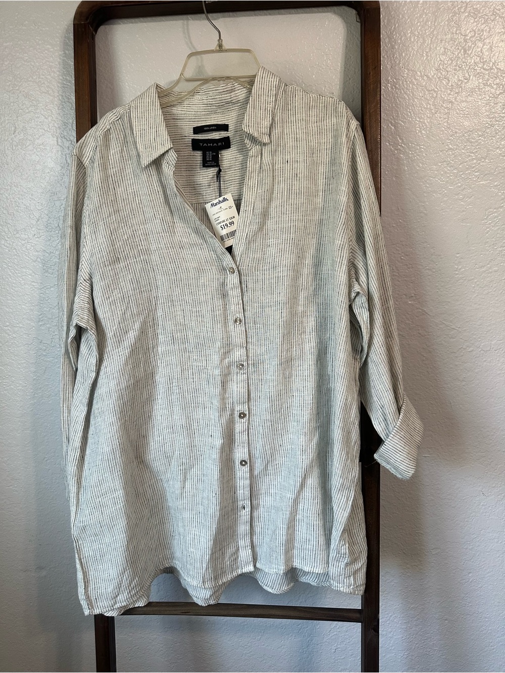 Tahari Gray and White Striped Button-Front Shirt